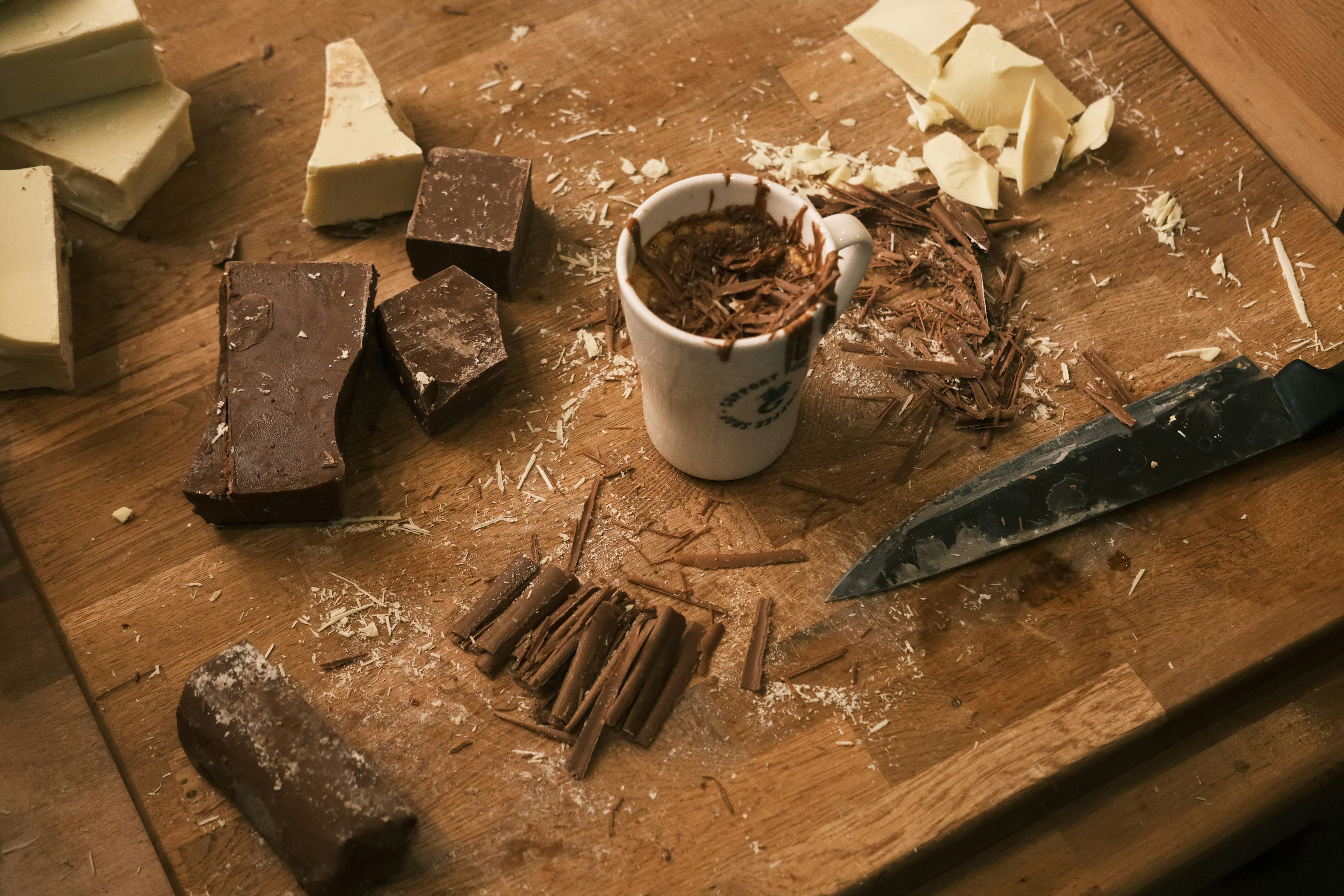 Cutting board with chocolate and coffee